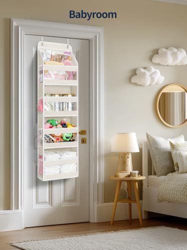 Yecaye 5 Tier Over the Door Organizer, Swing-proof Door Organizer Hanging with Clear PVC Windows, Behind the Door Storage for Bedroom Nursery Closet Laundry Pantry Bathroom, Cream White