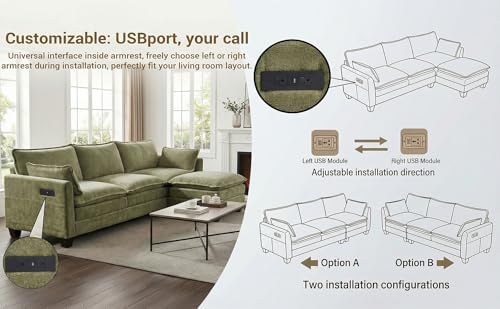 ZEIINPA L Shaped Modular Sectional Sofa with USB, 110.4" Comfy Upholstery Chenille Deep Seat Cloud Couch with Ottoman, Modern 4-Seat Couches for Living Room, Bedroom, Apartment, Green