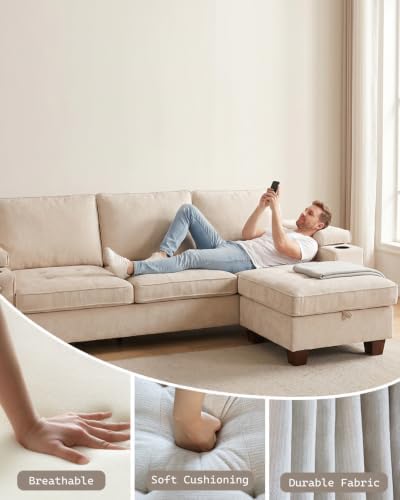 100" L Shaped Sectional Sofa with Hidden Armrest Storage, USB & Type-C Charging Ports, 4-Position Adjustable Armrests, Built-in Cup Holders, Upholstered Couch for Living Room, Beige
