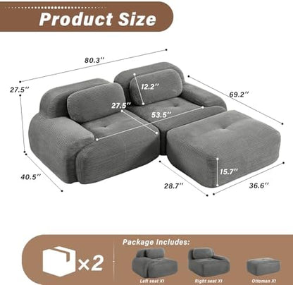 81" Corduroy Modern Sectional Couch, Boneless Couch, Compact sofa, Grey