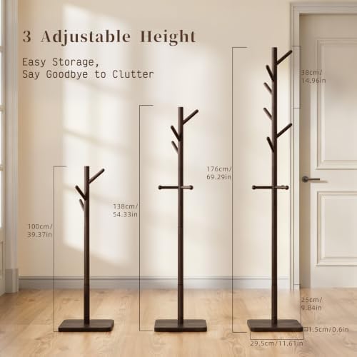 Nianerfaya Solid Wood Coat Rack, Free Standing Hall Coat Tree, Brown
