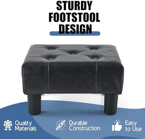 BRIAN & DANY Small Foot Stool, Leather Foot Stools with Legs, Stable Small Footstool for Living Room, Jet Black