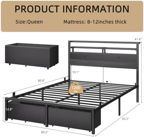 Queen Bed Frame with Storage Headboard and 4 Drawers, LED Lights