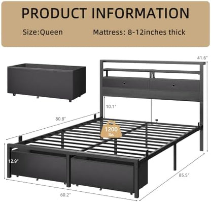 Queen Bed Frame with Storage Headboard and 4 Drawers, LED Lights