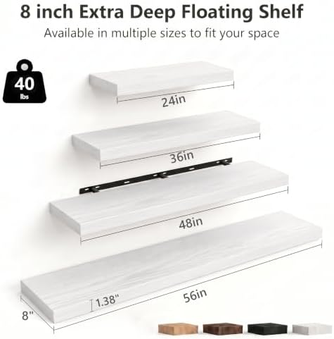 56" W×8" D Floating Shelves for Wall (Set of 2, White Wood Grain)