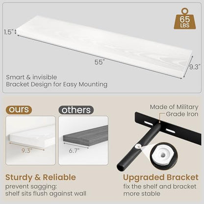 White Floating Shelves 55 Inch Long, 9.3 Inch Deep Floating Shelf for Wall, Living Room, Bedroom, Kitchen, Large Deep Wall Shelves with Invisible Bracket for Books, Decor