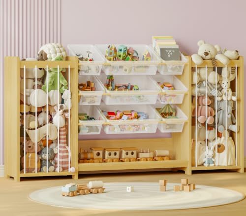 Anmon 3-in-1 Montessori Toy Organizer with Bookshelf, 9 Clear Bin & Plush Storage (64.2" W)