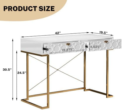 Clihome Console Table with 2 Drawers, 42'' Entryway Table with Storage, Desktop Sofa Table Hallway with Golden Legs and X-Shaped Bracket