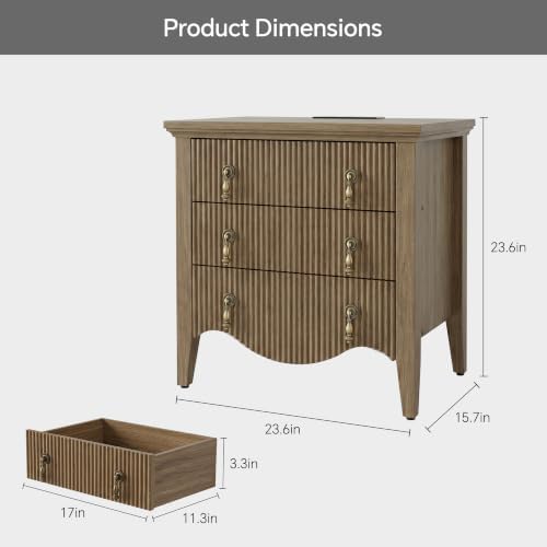 Fluted Nightstand with Charging Station & 3 Drawers,Dresser,Light Oak