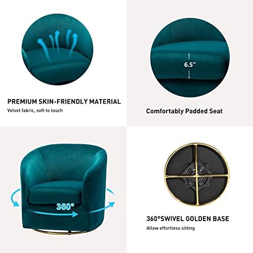 HULALA HOME Swivel Accent Chair with Gold Metal Base, Contemporary Velvet Curved Swivel Barrel Chair, Upholstered Club Armchair, Leisure Single Sofa for Living Room, Nursery, Bedroom(Teal)