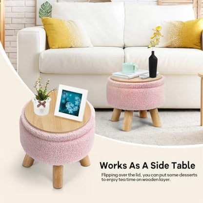 OGEMXU Ottoman Foot Rest, Small Round Ottoman with Storage, Boucle Teddy Velvet Footstool with Wood Legs, Soft Sponge Storage Ottoman for Living Room, Bedroom, Couch, Enterway (Pink)