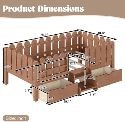 Bellemave Twin Size Platform Bed with Storage Drawers & Bookshelf for Boys Girls, Kids Twin Bed Frame with LED Lights & Stairs for Children's Room, Deep Natural