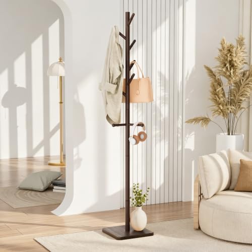 Nianerfaya Solid Wood Coat Rack, Free Standing Hall Coat Tree, Brown
