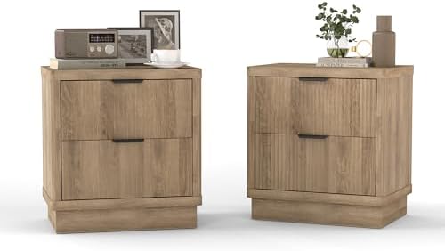 Fluted Nightstand Set of 2, Bedside Table with 2 Drawer, Modern End Table Large Wooden Oak Sofa Side Table, Night Stand for Bedroom, Small Space