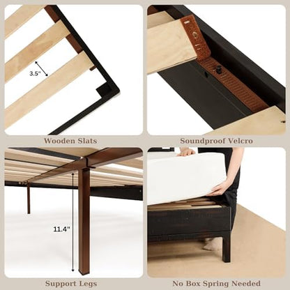 Bme Ethan King Size Bed Frame with Diamond Headboard, Rustic Mid-Century Modern, Solid Acacia Wood, No Box Spring Needed, Slat Support, Rustic Black