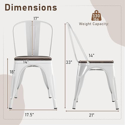 COSTWAY Stackable Metal Dining Chairs Set of 4 with Wood Seat and High Back