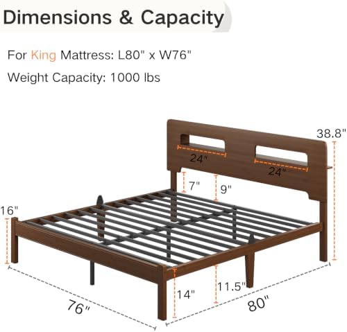 14" Bamboo Wood King Size Bed Frame with Storage Headboard