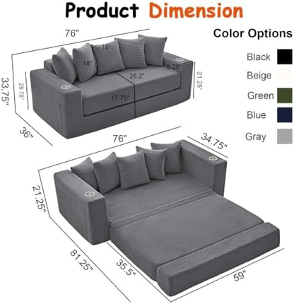 76" Convertible Sofa Bed, Corduroy Boneless Couch with Cup Holders & Pocket
