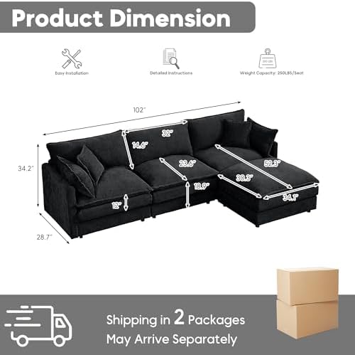 Modern 102" L Shaped Sectional Sofa Cloud Couch, Modern Chenille Comfy Modular Sleeper Sofa, Upholstery Sofa with Ottoman & Memory Foam for Living Room, Black