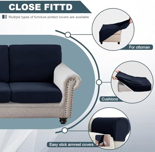 Seat Cushion Cover and Back Covers for Corner Sofa Stretch Jacquard, Non Slip L Shaped Sofa Slipcover with Storage Ottoman, Sectional Couch Cover for Chaise Lounge (Navy blue,Ottoman 29 x 29 x 18”)