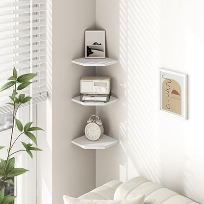 Corner Shelf Wall Mount, Floating Corner Shelves, Set of 3 Corner Wall Shelf Organizer, Rustic Wood Wall Storage Display Shelves for Living Room Bedroom Bathroom Kitchen, Rustic White