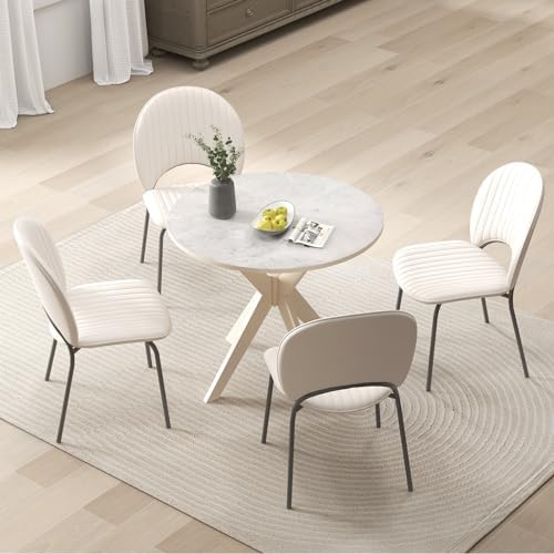 GIANTEX 36" Round Wood Dining Table, Farmhouse Kitchen Table with Intersecting Pedestal Base & Solid Rubber Wood Legs, Vintage Coffee Tables for Dinette, Small Spaces, Restaurant, White