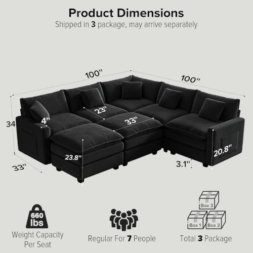 100 Inch Cloud Couch Sectional, Corner Modular Sectional Sofa with Ottoman