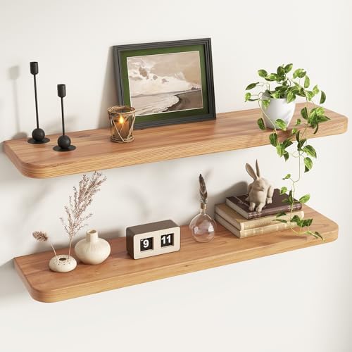 40 inch Floating Shelves for Wall, Elm Wood Rounded Edge, Natural, 2-Pack