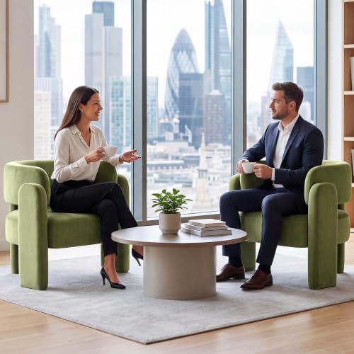 Velvet Barrel Accent Chairs Set of 2 with 3 Legs, Modern Chenille Comfy Upholstered Armchairs with Curved Back for Bedroom, Reading Corner, Office, Green