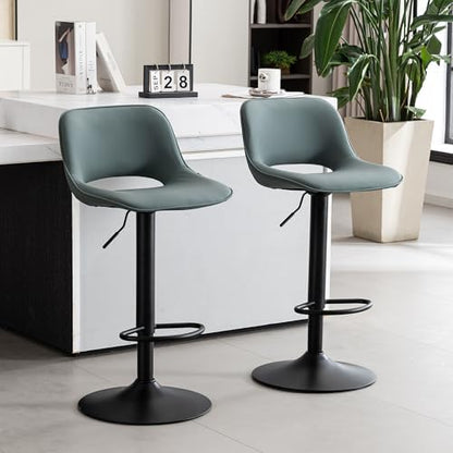 YOUNIKE Bar Stools Set of 2 Modern Swivel Barstools, Adjustable Counter Height Bar Stools Faux Leather Upholstered Counter Stools with Hollow Back for Kitchen Island, Greyish Green