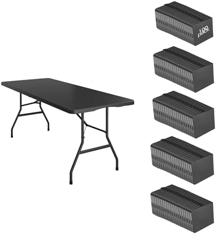 100 Pack 6FT Folding Tables, Heavy Duty, Carry Handle, Black