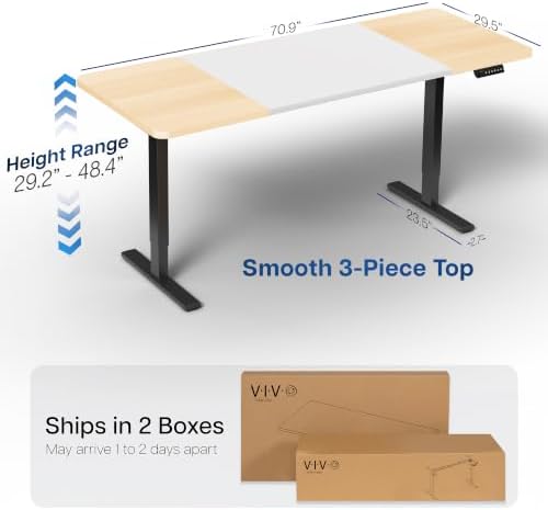 VIVO Electric Standing Desk, Smooth 3-Pc 71" x 30" White/Light Wood Top