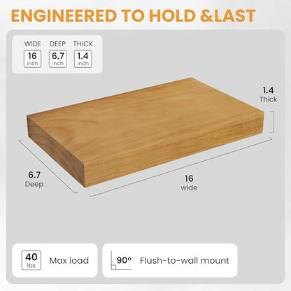 Wood Floating Shelves Set of 2, Rustic Pine Wood Floating Shelves for Wall Mounting, Wide Wall Shelf for Home Decor and Storage, 16" W x 7" D, Oak