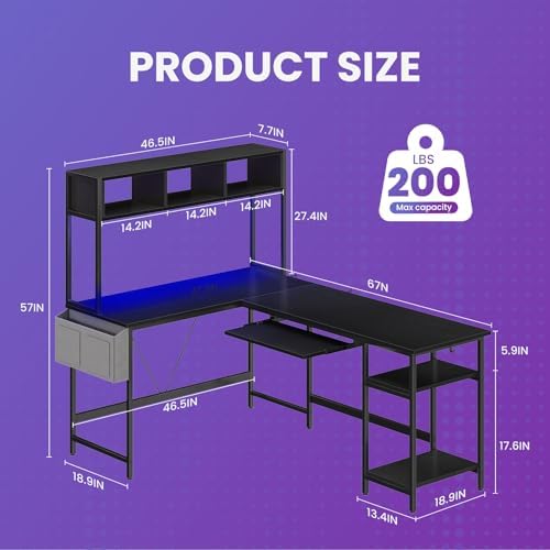 DUMOS 67" L Shaped Gaming Desk, Reversible Computer Desks with LED Lighting