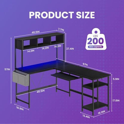 DUMOS 67" L Shaped Gaming Desk, Reversible Computer Desks with LED Lighting