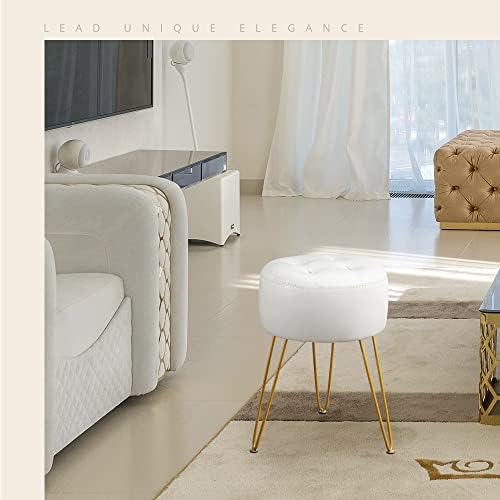 LUE BONA Faux Leather Vanity Stool Chair for Makeup Room, 19” Height, Tufted Vanity Chair with Metal Legs, Modern Foot Stool Ottoman for Bedroom, Living Room