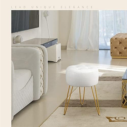LUE BONA Faux Leather Vanity Stool Chair for Makeup Room, 19” Height, Tufted Vanity Chair with Metal Legs, Modern Foot Stool Ottoman for Bedroom, Living Room