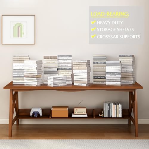 NELYE Extra Long Writing Desk with Bookshelf, 47" Wx16 Dx30 H, Oak