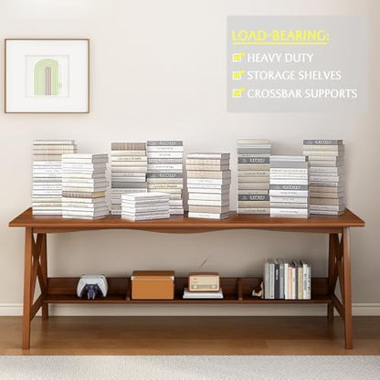 NELYE Extra Long Writing Desk with Bookshelf, 47" Wx16 Dx30 H, Oak