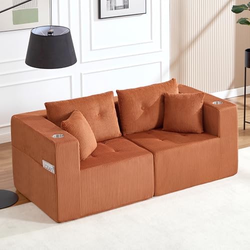 73" Loveseat Modular Sectional Sofa, Oversized 2-Seater Boneless Tufted Cloud Couch with Cup Holder, Corduroy Upholstery Small Couches for Living Room, No Assembly Orange