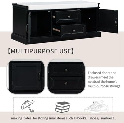 GDFStudio Rustic Storage Bench with 4 Doors 2 Draws Adjustable Shelves Removable Cushion Rectangular Cabinet Foot Rest Stool Solid Wood Shoe Bench Seating for Entryway Living Room, Black