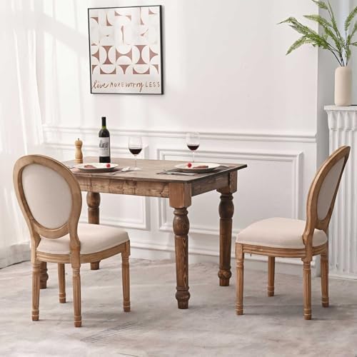 LZMS Vintage Dining Chairs Set of 2, Vintage Farmhouse Style Rubber Wood Room Chairs, Round Back, Solid Wood Frame, Beige Fabric Upholstery French Country Chairs for Kitchen, Bedroom, Dining Room