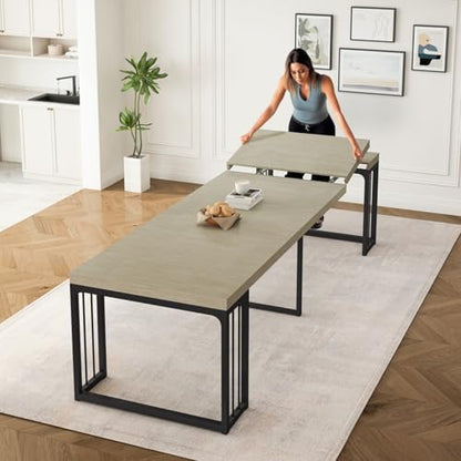 23.62" - 118" L Extendable Foldable Dining Room Table for 2-10 People, Wood Modern Rustic Rectangle Expandable Kitchen Living Meeting Room Furniture, 5 Tabletop Length Options