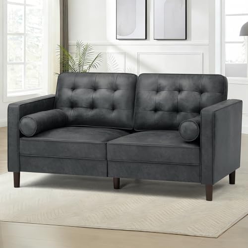 67" Suede Leather Loveseat Sofa with 2 Soft Pillows, Grey