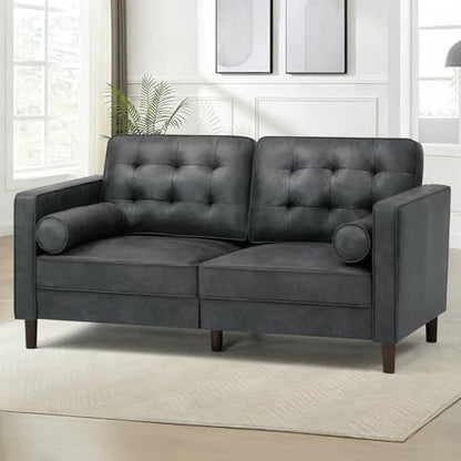 67" Suede Leather Loveseat Sofa with 2 Soft Pillows, Grey
