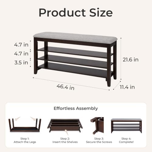 3-Tier Shoe Bench 47" Solid Wood Shoe Storage Bench Entryway