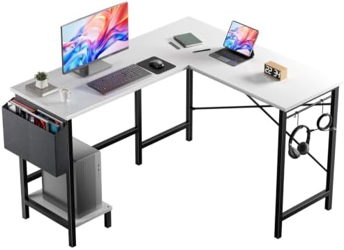 DUMOS L Shaped Computer Desk with PC Stand, Corner Workstation, White