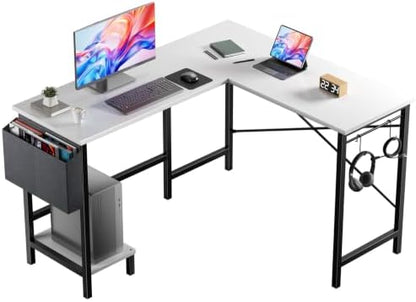 DUMOS L Shaped Computer Desk with PC Stand, Corner Workstation, White
