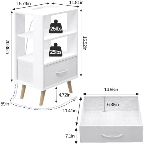 Night Stand with Charging Station, White Nightstand with Drawer, 3-Tier Wooden Bedside Table with USB Ports and Outlets, End Table for Small Space, Living Room, Bedroom