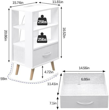 Night Stand with Charging Station, White Nightstand with Drawer, 3-Tier Wooden Bedside Table with USB Ports and Outlets, End Table for Small Space, Living Room, Bedroom